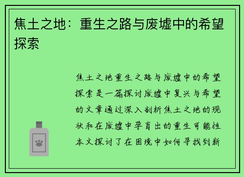 焦土之地：重生之路与废墟中的希望探索