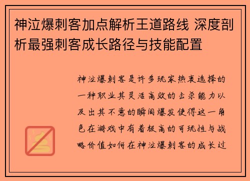 神泣爆刺客加点解析王道路线 深度剖析最强刺客成长路径与技能配置